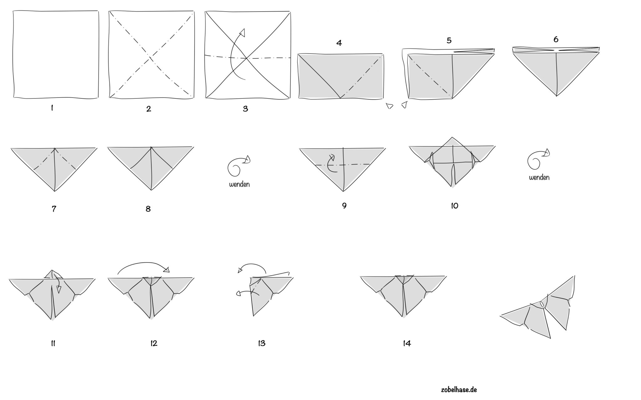 Skizze der einzelnen Schritte, wie aus einem Papier-Quadrat ein Origami-Schmetterling wird.