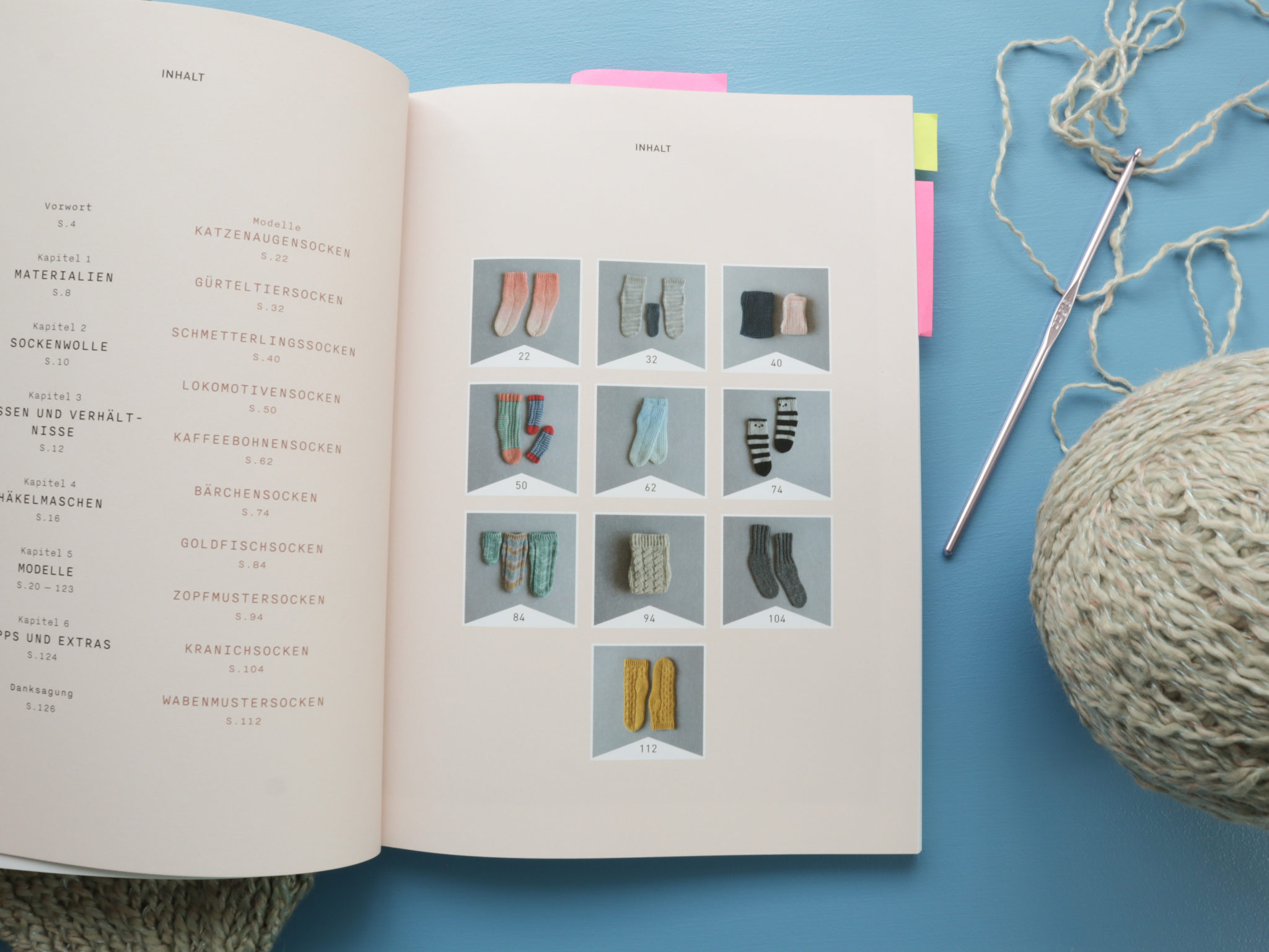 Blick ins Buch auf die Inhaltsangabe zu den Sockenmodellen. Links stehen die Modell-Überschriften, rechts gibt es die passenden Bilder dazu.