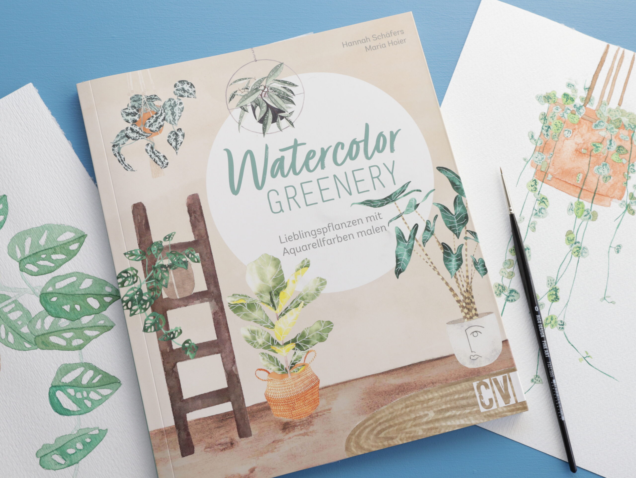 Das Cover von Watercolor Greenery mit zwei nachgemalten Beispielen daneben liegend.