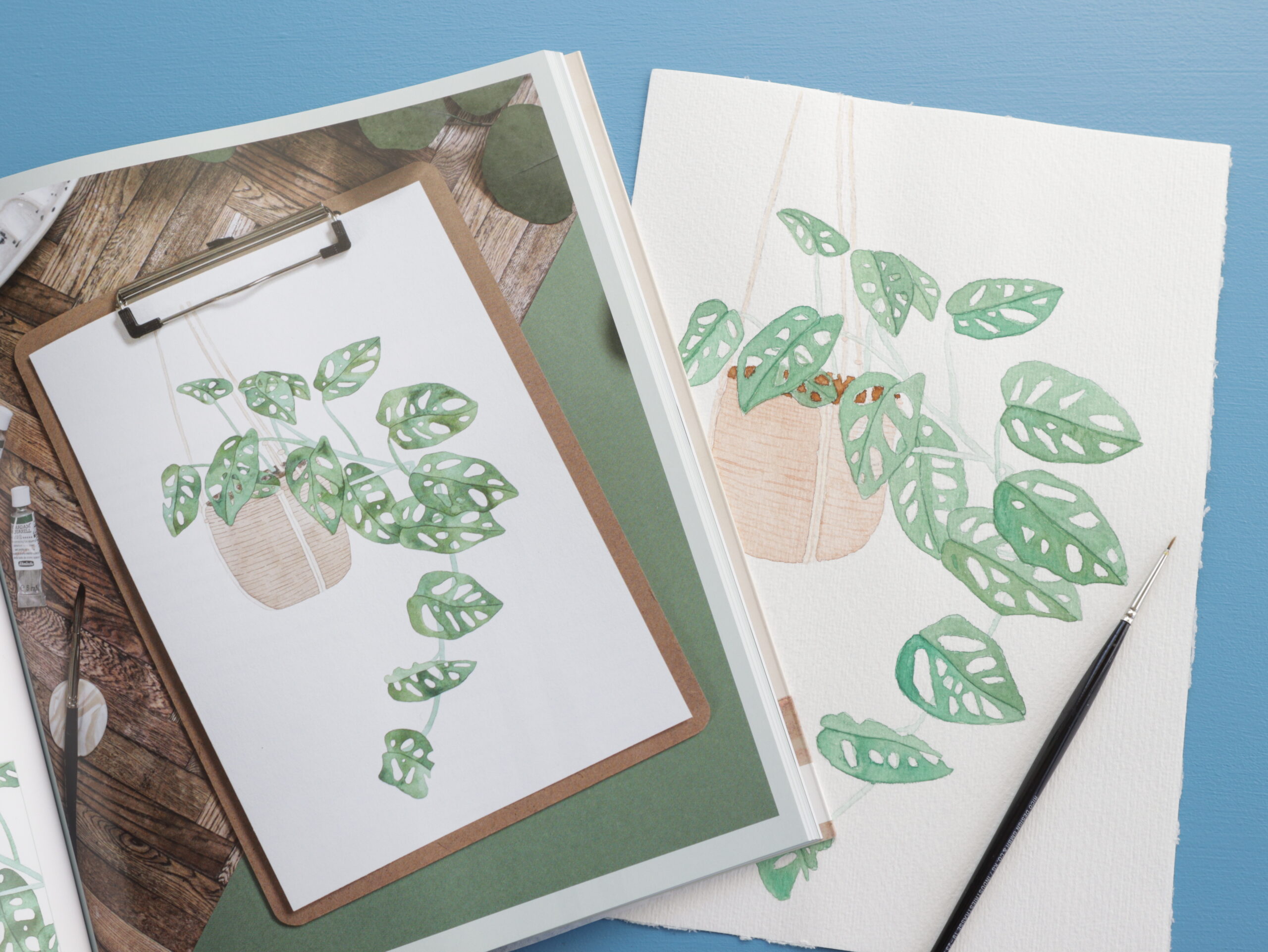 Das Originalbild einer Monsters-Pflanze aus dem Buch Watercolour Greenery sowie das nachgemalte Exemplar. 